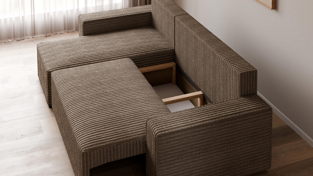 ECKSOFA Tobi mit Bettkasten und Schlaffunktion, L-Form, Cordstoff, Universal - Taupe, Holzwerkstoff (246/145cm) - 4ALL HOME
