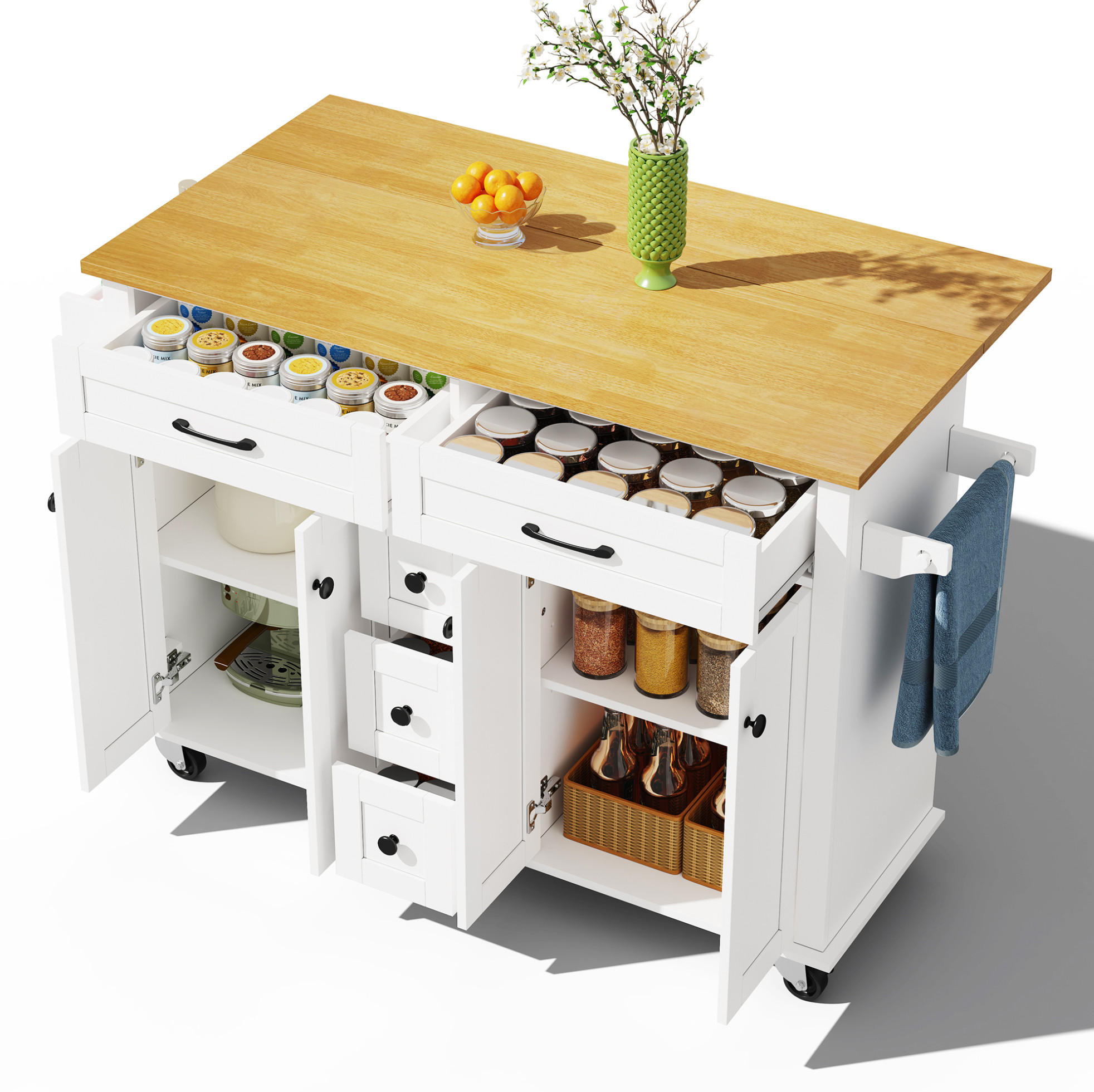 KÜCHENINSEL 140/40(65)/89 cm mit ausklappbarer Arbeitsplatte, 5 Schubladen und Rollen aus MDF, Weiß/Natur - Weiß, Holzwerkstoff (140/89/65cm) - Redom