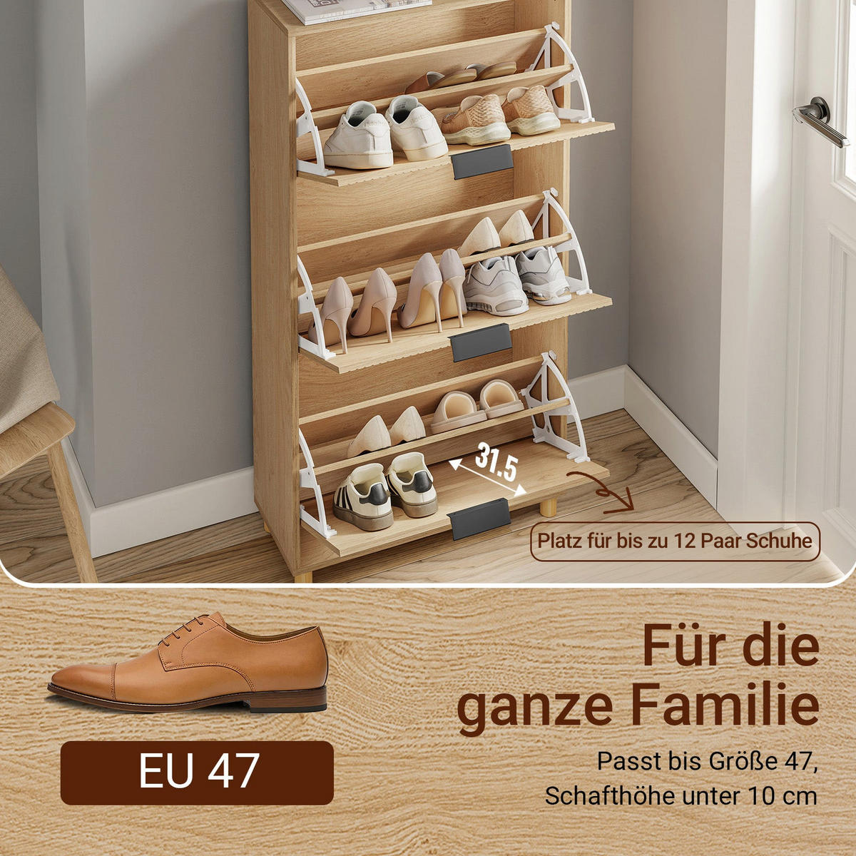 SCHUHSCHRANK mit 3 Klappen, Schuhkipper 60x24x120cm - Naturfarben, Holzwerkstoff (24/120/60cm) - SoBuy
