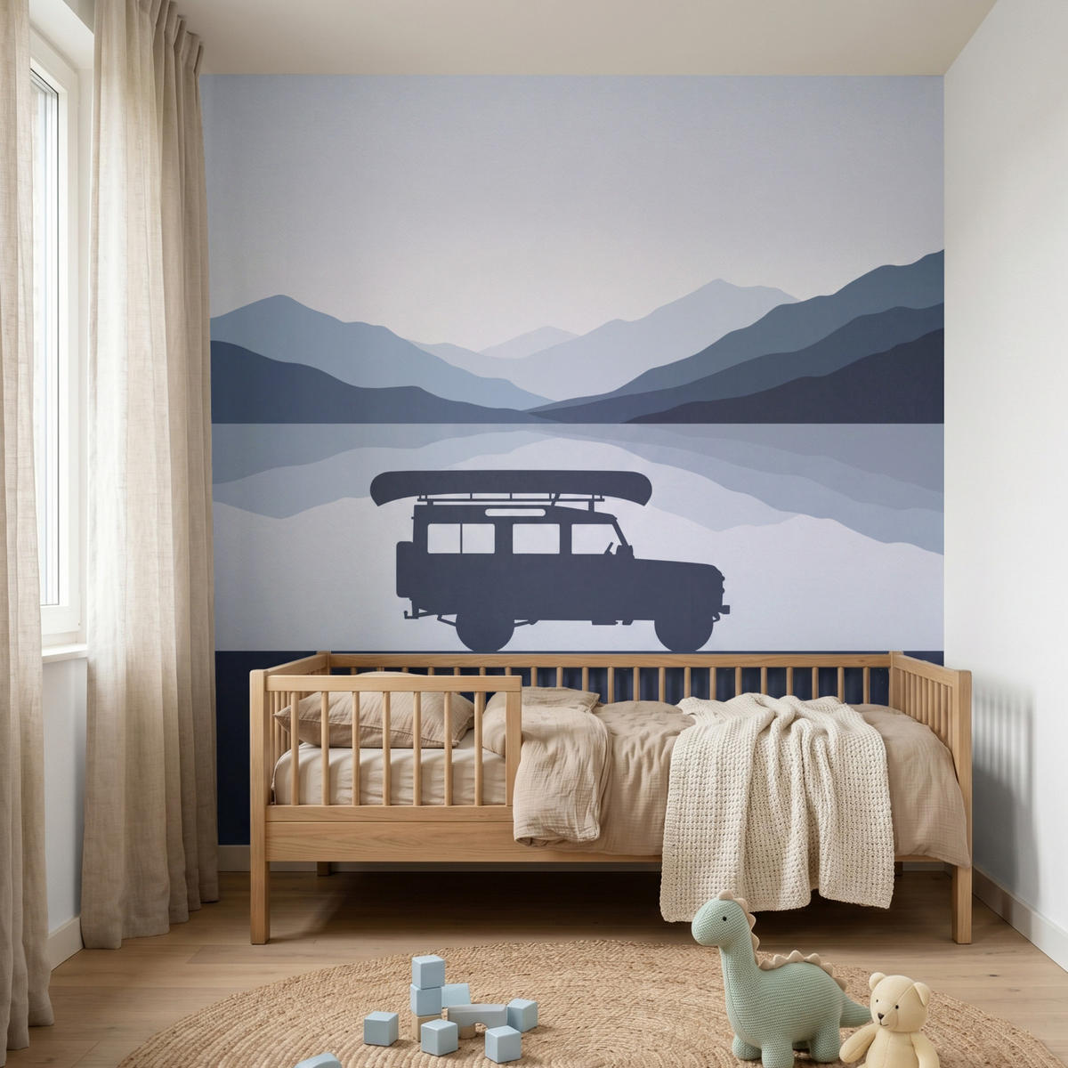 KINDERTAPETE - Auto - See - Berge - Blau - 200x200 cm - Blaugrau, Papier (200/200cm) - OnlyWow