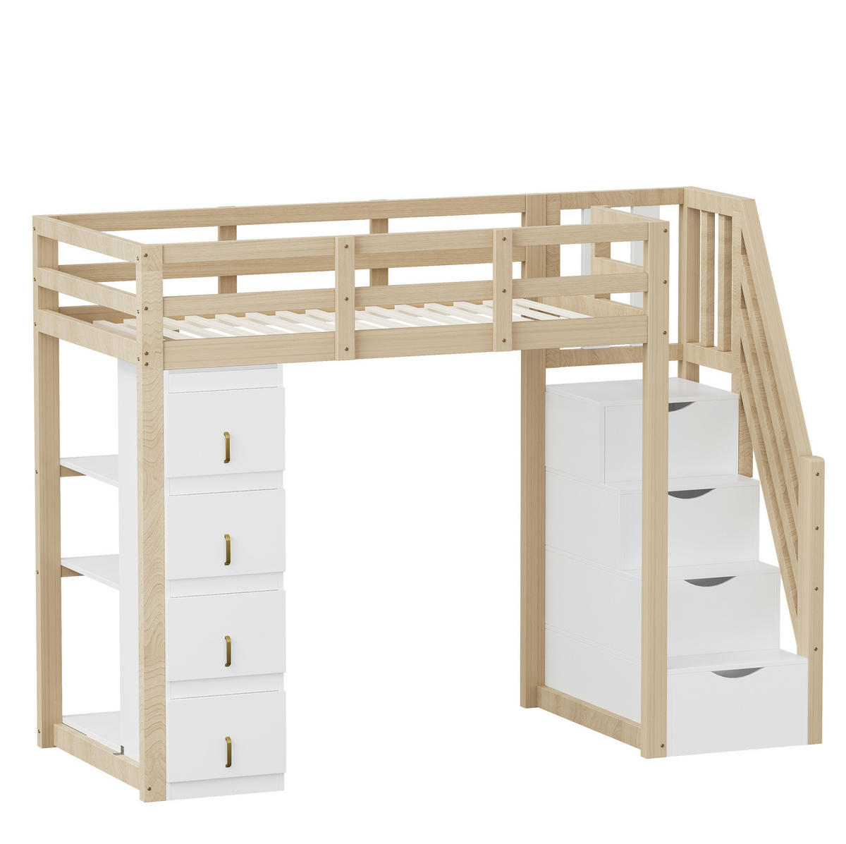 VYSOKÁ posteľ 90/200 cm prírodná z dreva s úložnými zásuvkami a regálom - biela, drevo (90/200cm) - OKWISH