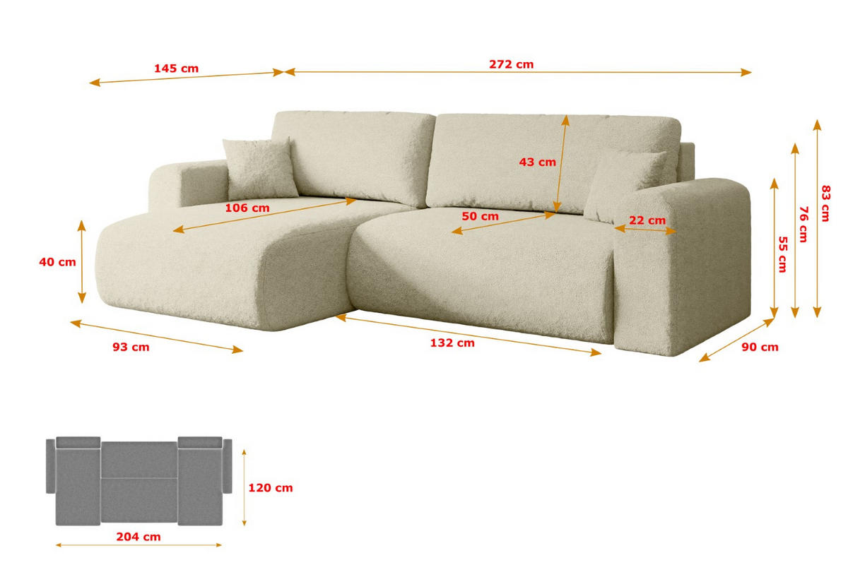 ECKSOFA mit Schlaffunktion und Bettkasten ORRO-L - 272x145x83 cm Beige Bouclé - Beige/Schwarz, Holzwerkstoff/Kunststoff (272/145cm) - ALTDECOR