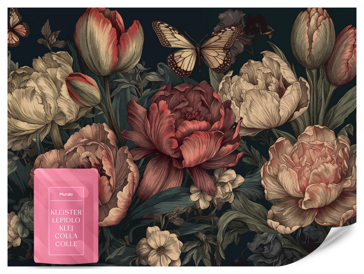 FOTOTAPETE Vintage Blumen Pfingstrosen Natur 450x315 - Gelb/Beige, Papier (450/315cm) - Muralo