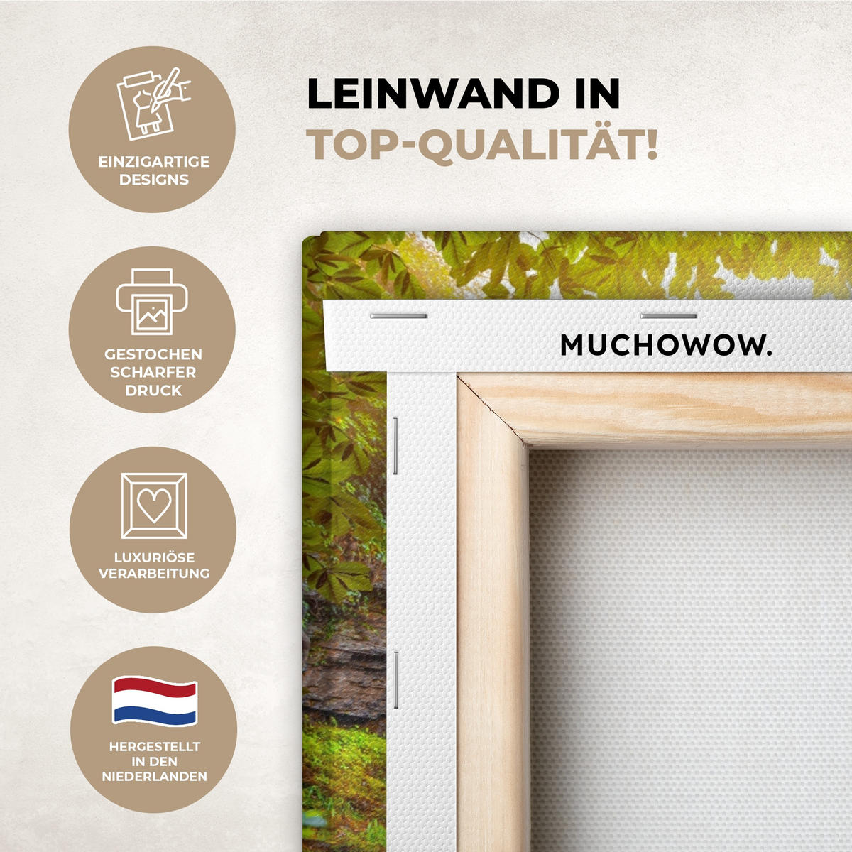 LEINWANDBILD Natur - Wasserfall - Pflanzen - Bäume - Sonne Gemälde 60x40 cm - Olivgrün, Textil (60/40cm) - MuchoWow