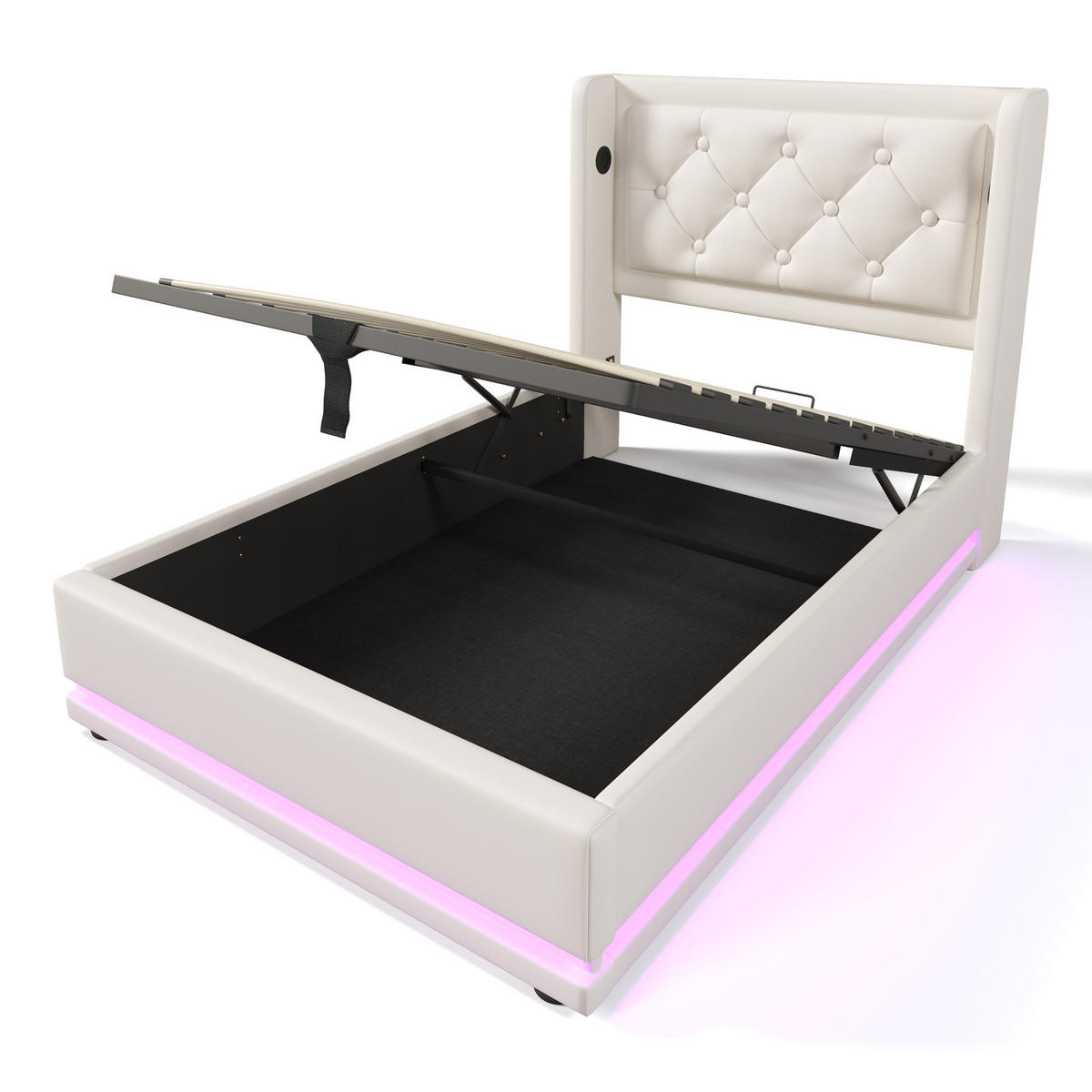 POLSTERBETT 90/200 cm Weiß PU mit hydraulischem Stauraum und USB-Anschlüssen - Weiß, Kunststoff (90/200cm) - OKWISH