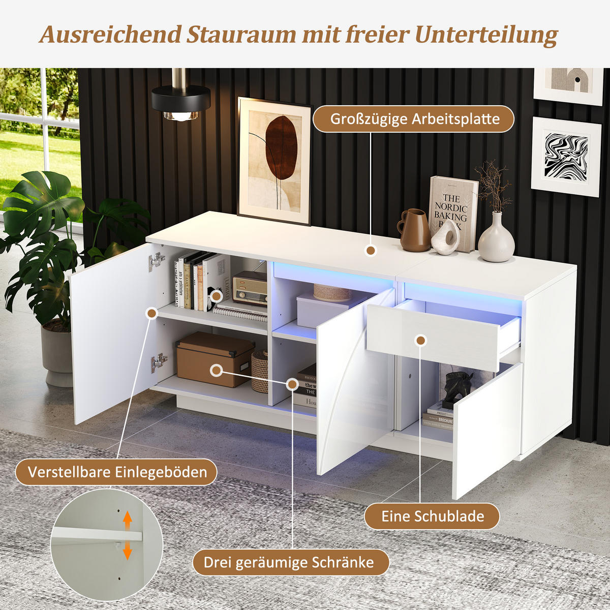 SIDEBOARD Weiß Hochglanz mit LED & 3 Türen 1 Schublade 140×40×60 cm - Weiß, Holzwerkstoff (140/60/40cm) - Urban Meuble