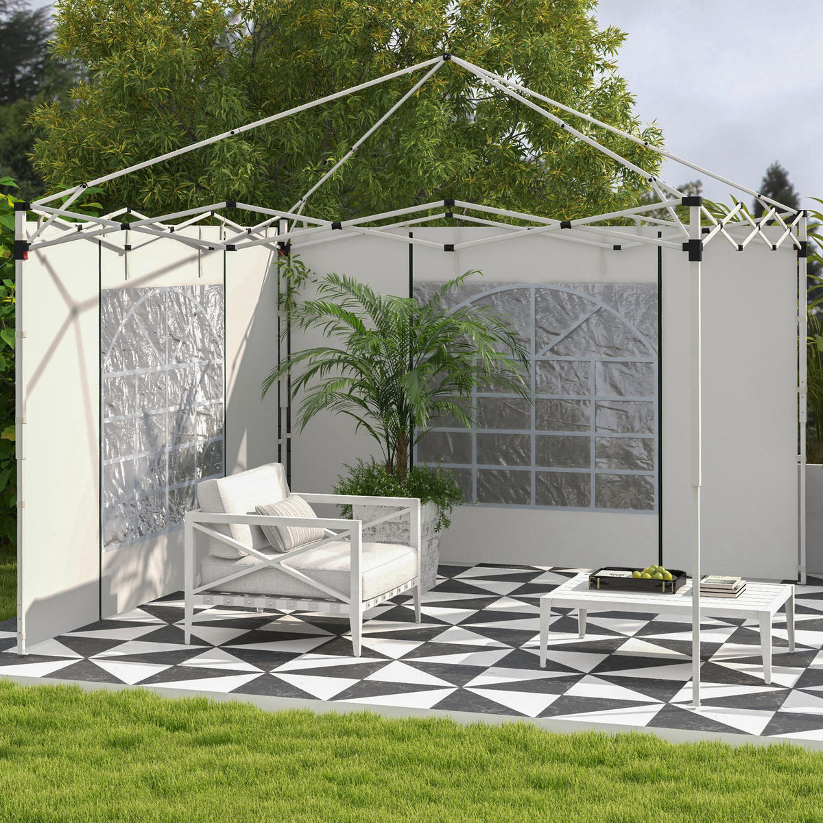 PAVILLON-VORHÄNGE, 2er-Set, für 3x6m oder 3x3m Gartenpavillons, mit Fenstern und Türen, Weiß - Weiß, Textil (295/195/1cm)