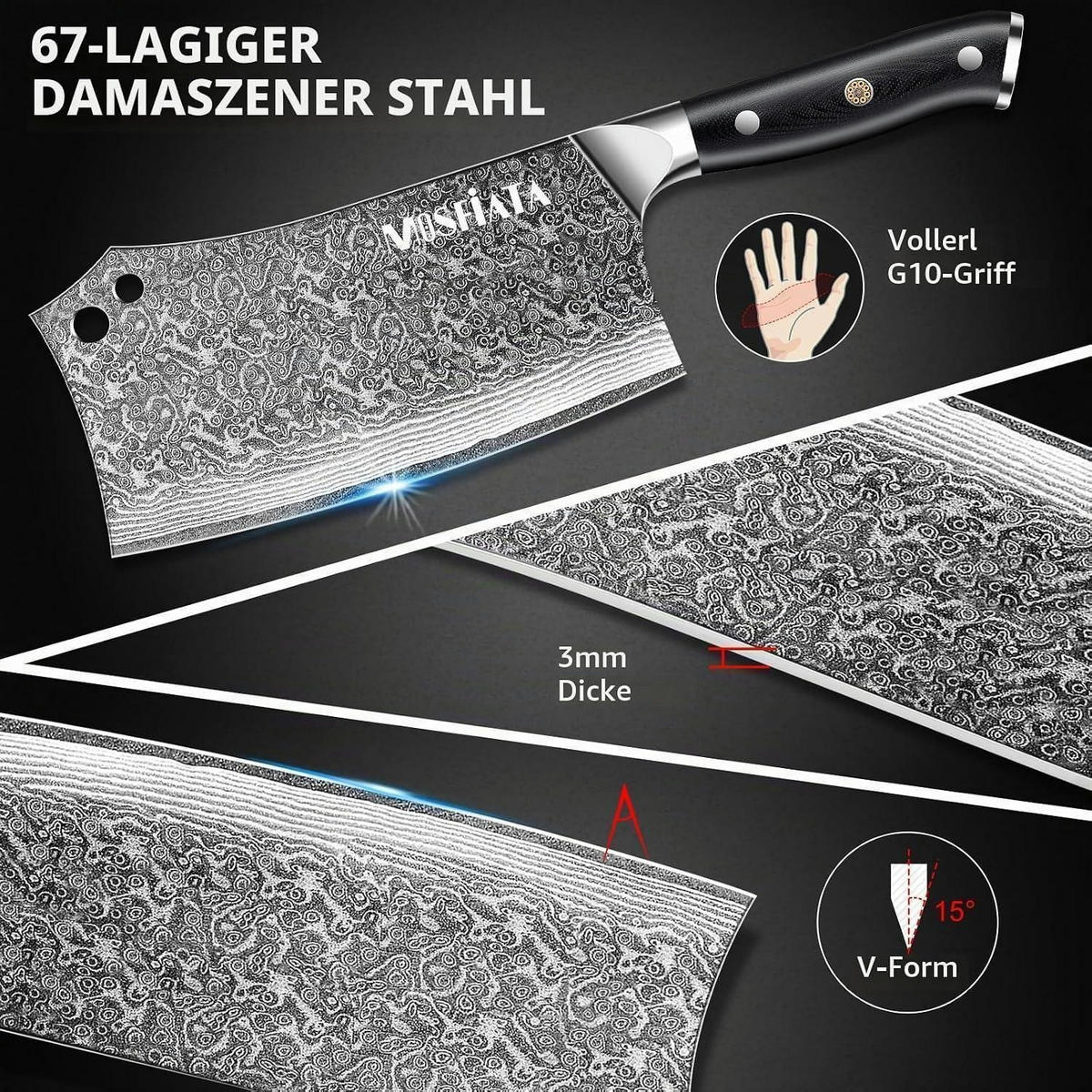 HACKMESSER Damast 18 cm VG10 Stahl Ergonomischer Griff - Grau, Metall (30.5cm)