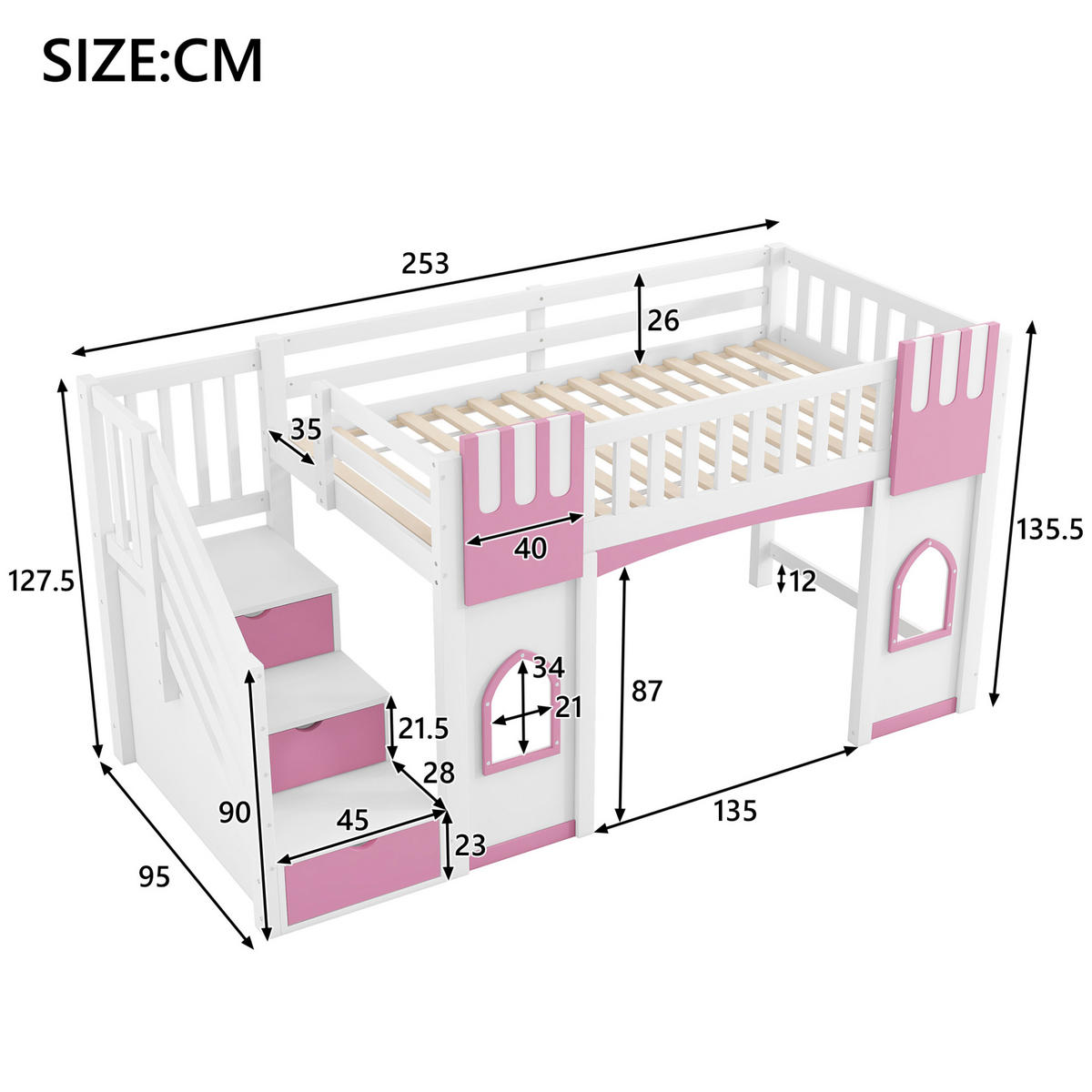 HOCHBETT 90/200 cm mit Stauraumtreppe, Fenstern und Holzlattenrost, Weiß/Rosa - Weiß, Holzwerkstoff (90/200cm) - Redom