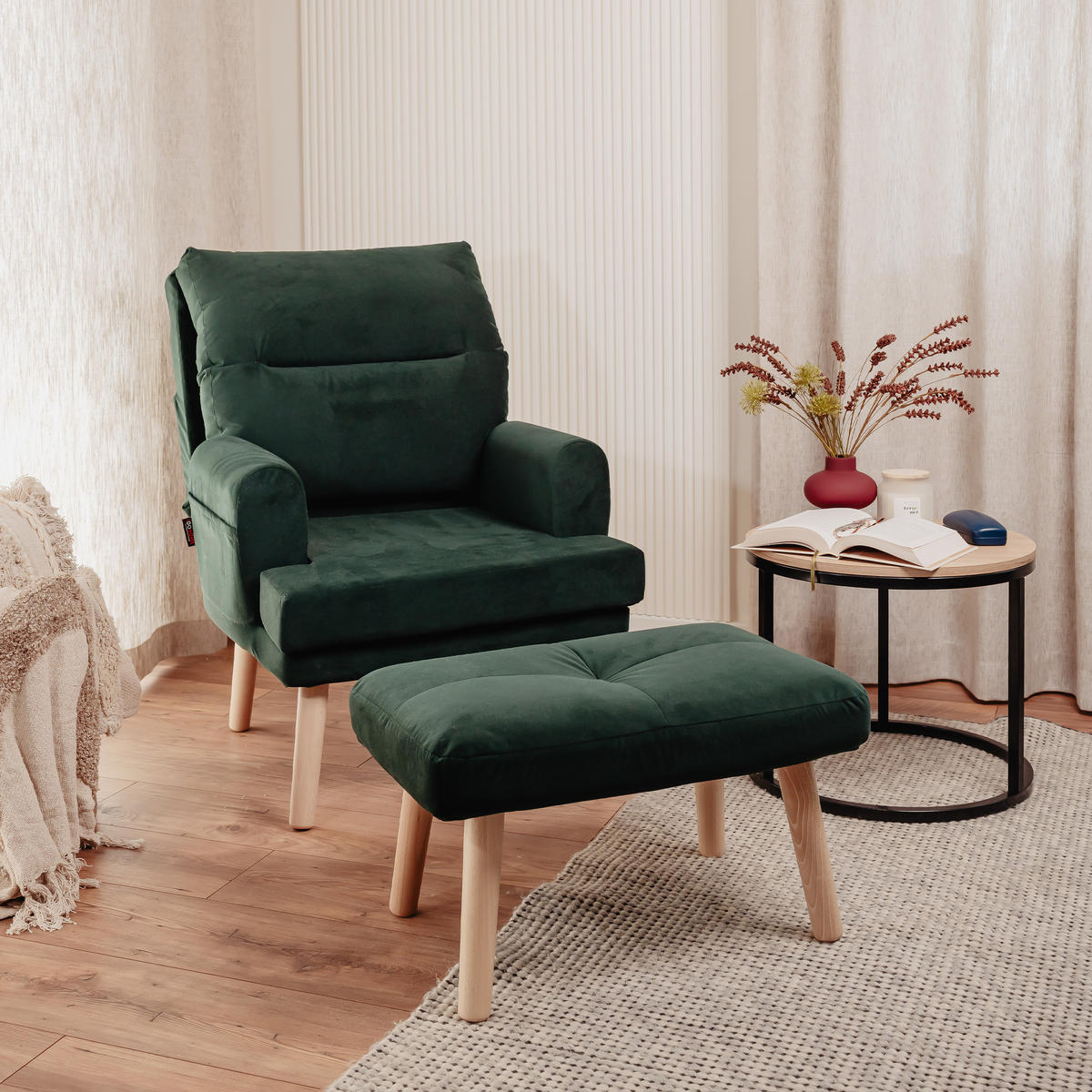 RELAXSESSEL NEMO mit Hocker und Holzfüßen - Grün, Holz (65/95/65cm) - Idohome