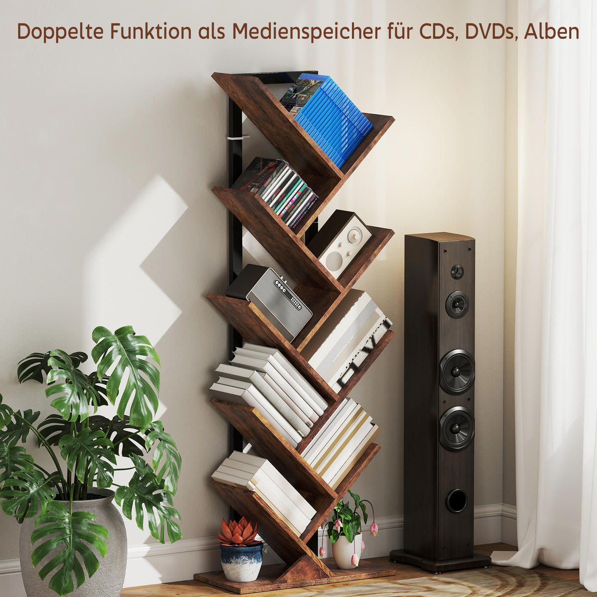 BÜCHERREGAL DE-09367 9 Ebenen in Baumform Rustikal Braun - Braun, Holzwerkstoff (24/136/50cm) - ComfortXL
