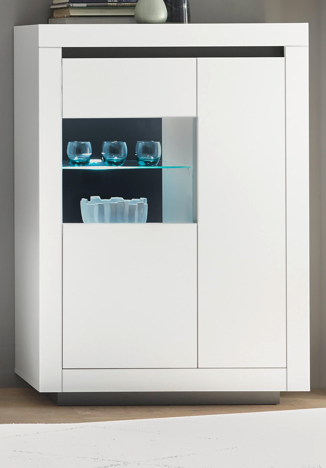VITRINE weiß, anthrazit, Highboard 96 cm mit 7 Fächern - Weiß Hochglanz/Anthrazit, Glas/Holz (96/136/38cm) - Furn.Design