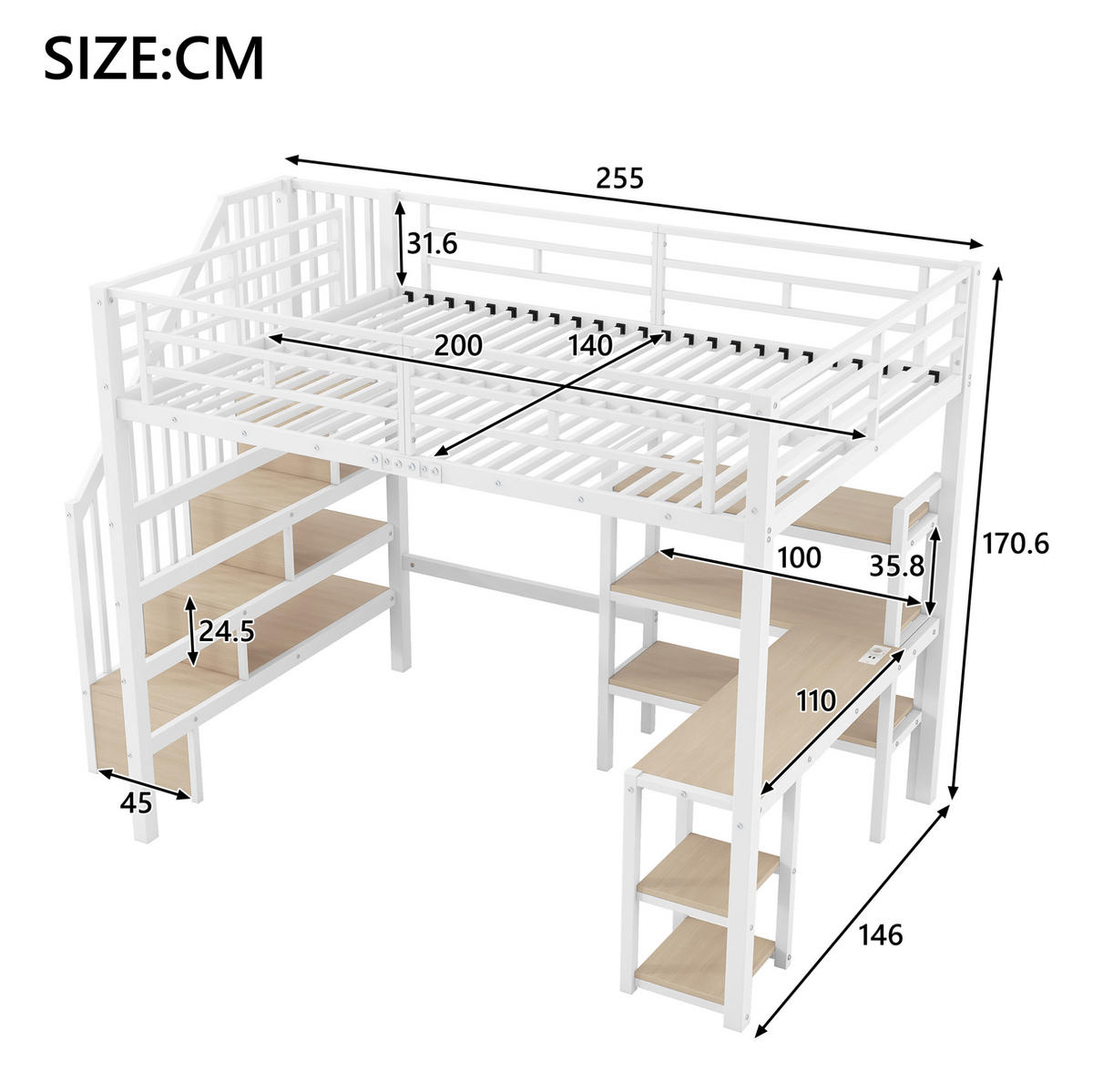 HOCHBETT 140x200 cm in Weiß mit Schreibtisch, Stauraumtreppe, LED-Licht und USB-Ladestation - Weiß, Holzwerkstoff (140/200cm) - IVMEU