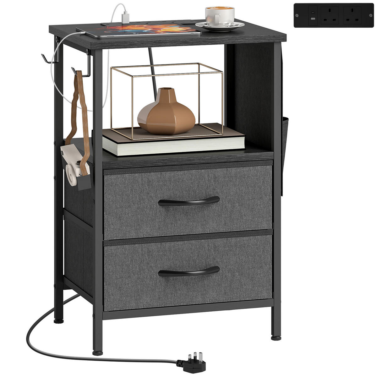 COUCHTISCH DE-08768 mit Ladestation, USB-C & Schubladen Schwarz - Schwarz, Metall (40/30/60cm) - ComfortXL