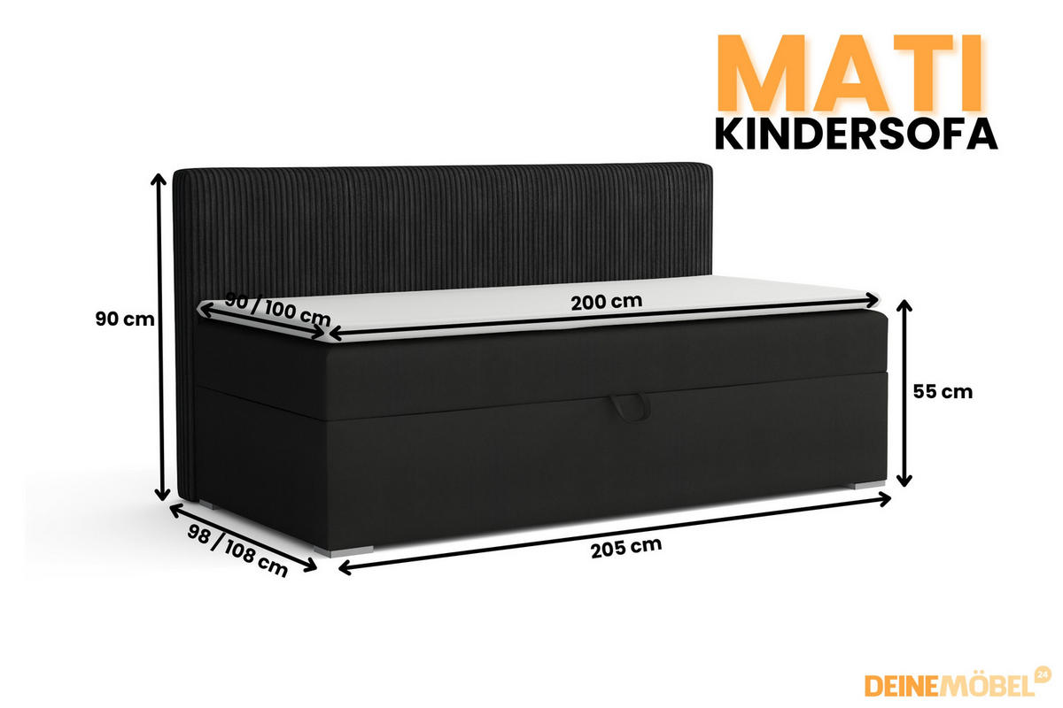 BOXBETT MATI BIS 90/200 Schwarz mit Taschen-Federkernmatratze H4 - Schwarz, Holz/Holzwerkstoff (90/200cm) - Deine Möbel 24
