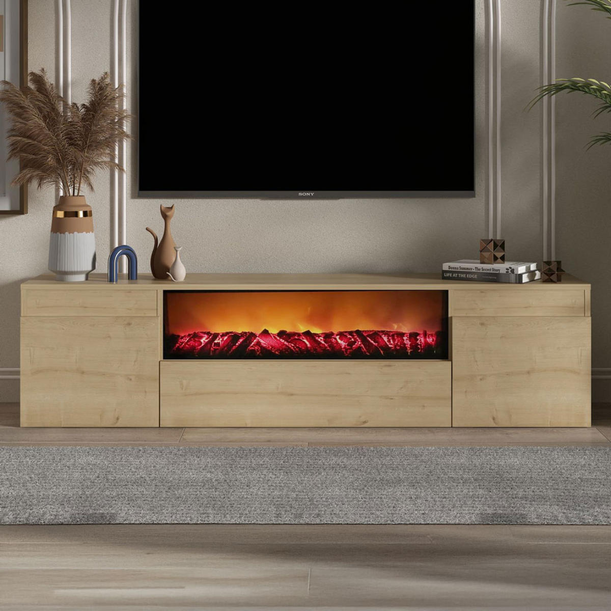 TV-MÖBEL Pyro in Holzoptik 180 cm im zeitgenössischen Stil mit LED-Kamin - Braun, Holzwerkstoff (180/35/45cm) - Concept Usine