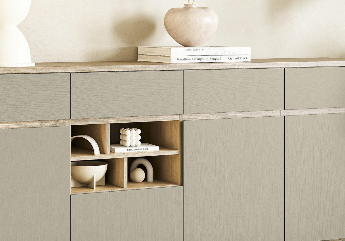 SIDEBOARD Salbei grün, Eiche, Kommode skandinavisch 193 cm, Soft-Close - Salbeigrün/Eichefarben, Holzwerkstoff (193/85/39cm) - Furn.Design