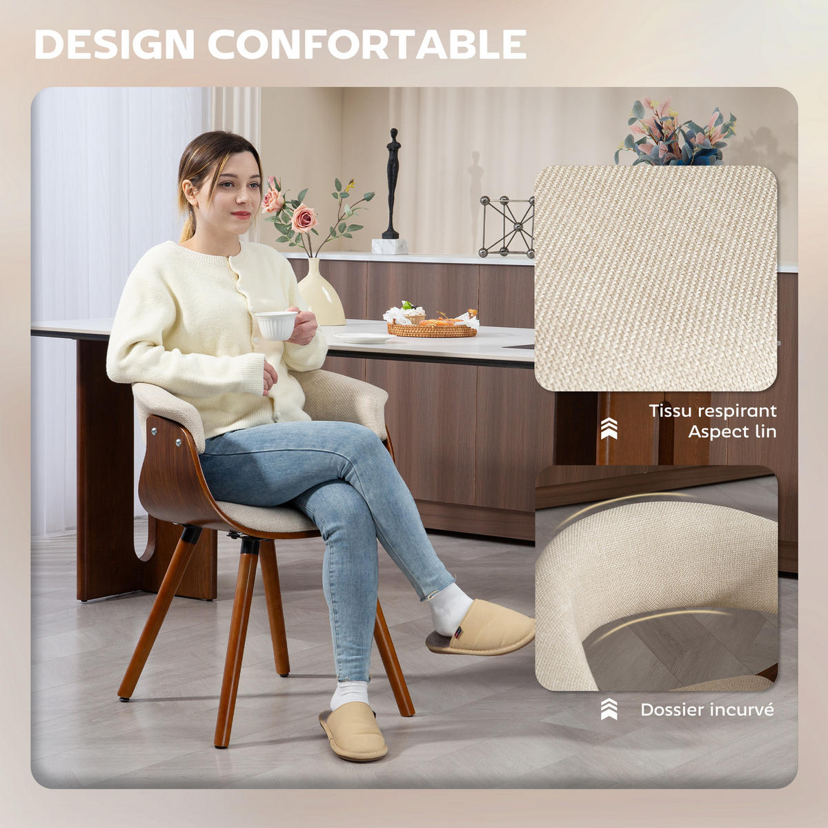 ARMLEHNSTUHL 2er-Set DE-13356 gebogene Rückenlehne Beige - Beige, Holz (55/75/62cm) - ComfortXL