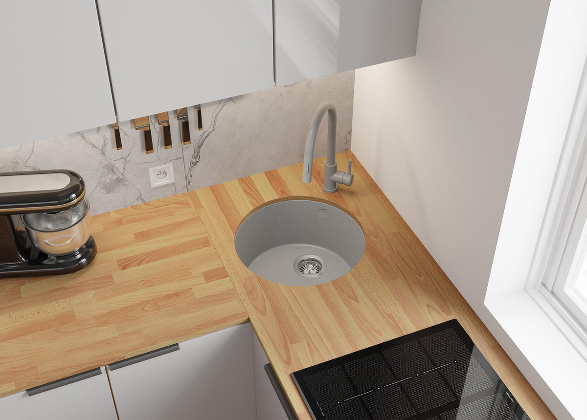 UNTERBAUSPÜLE GRANIT Valletta, 2-er set Grau 46/46 cm 1 Becken + Küchenarmatur 38/14 cm + Ablauf-Set ab 50er Unterschrank - Grau, Kunststoff (46/20/46cm) - Primagran