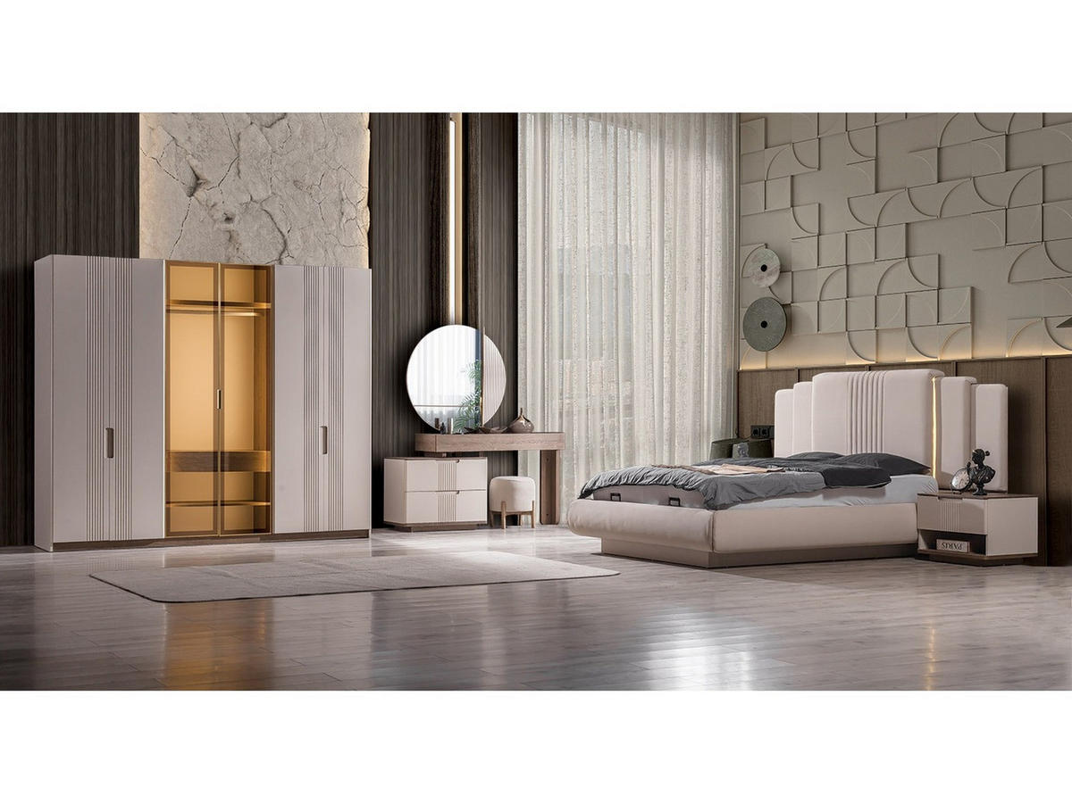 BETTANLAGE SANTO Schlafzimmer-Set, 5-teilig, Beige, Bett mit Kopfteil, 2 Nachttische, Kleiderschrank und Kommode - Beige, Leder/Holzwerkstoff (160/200cm) - Villa Möbel