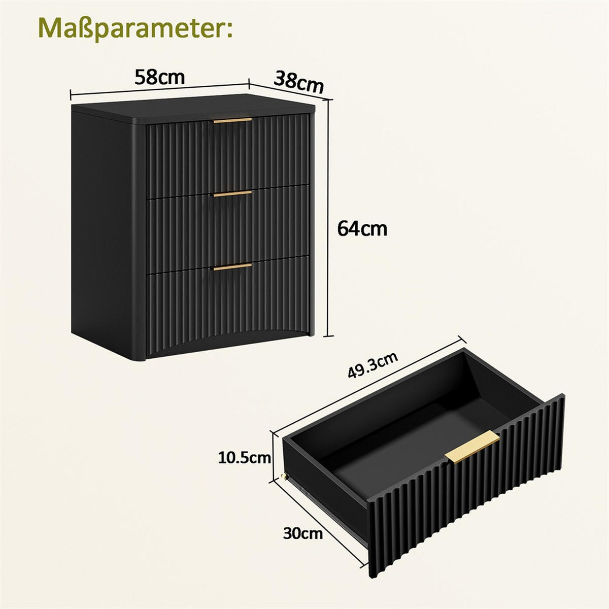 NACHTTISCH 58x38x64 cm mit 3 Schubladen - goldene Metallgriffe & geräuscharme Führung - Rillendesign - Schwarz - Schwarz, Holzwerkstoff (38/64/58cm) - DELFA