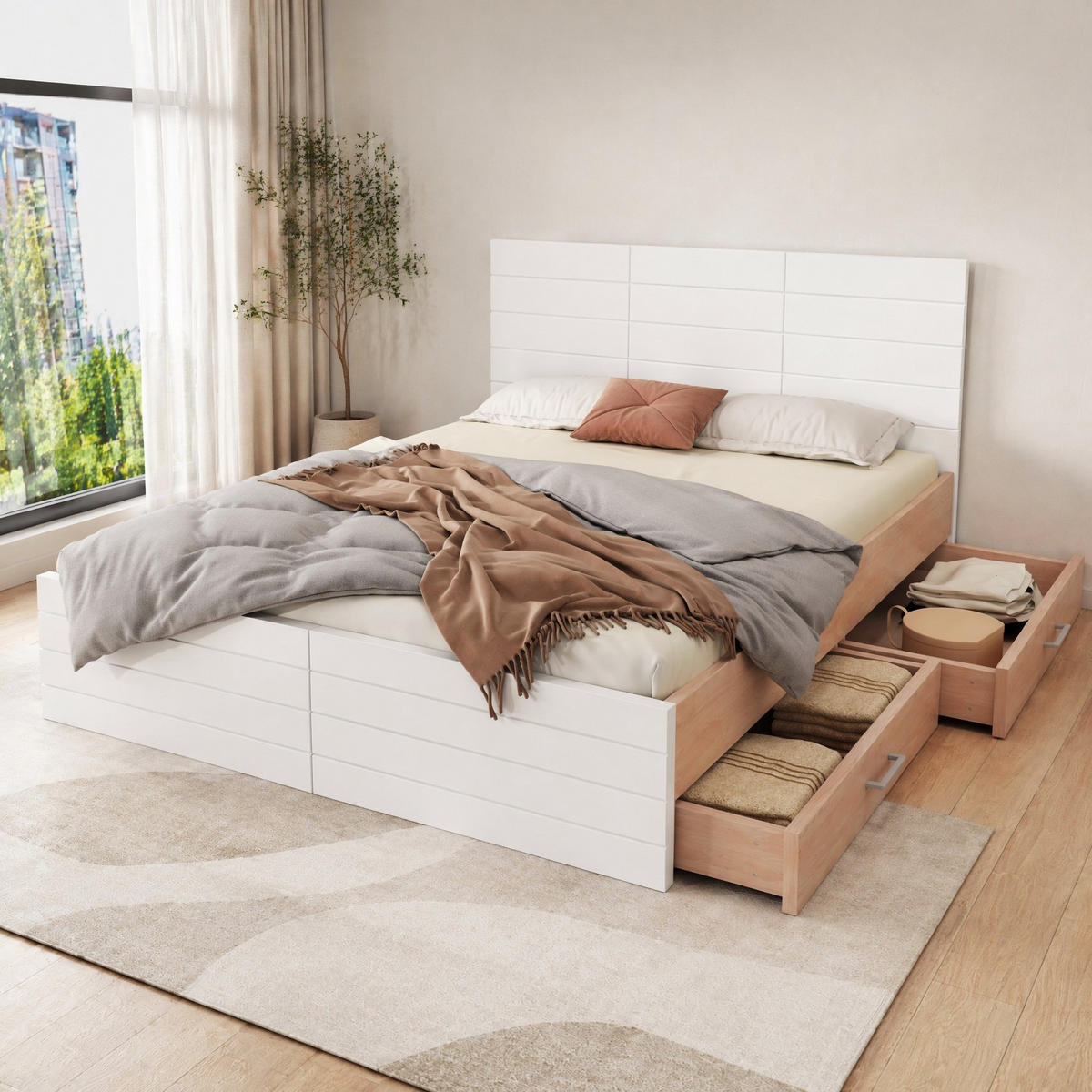 BETT 160/200 mit 2 Schubladen und Lattenrost in Eiche/Weiß - Eichefarben/Weiß, Holzwerkstoff (160/200cm) - EVRYAE