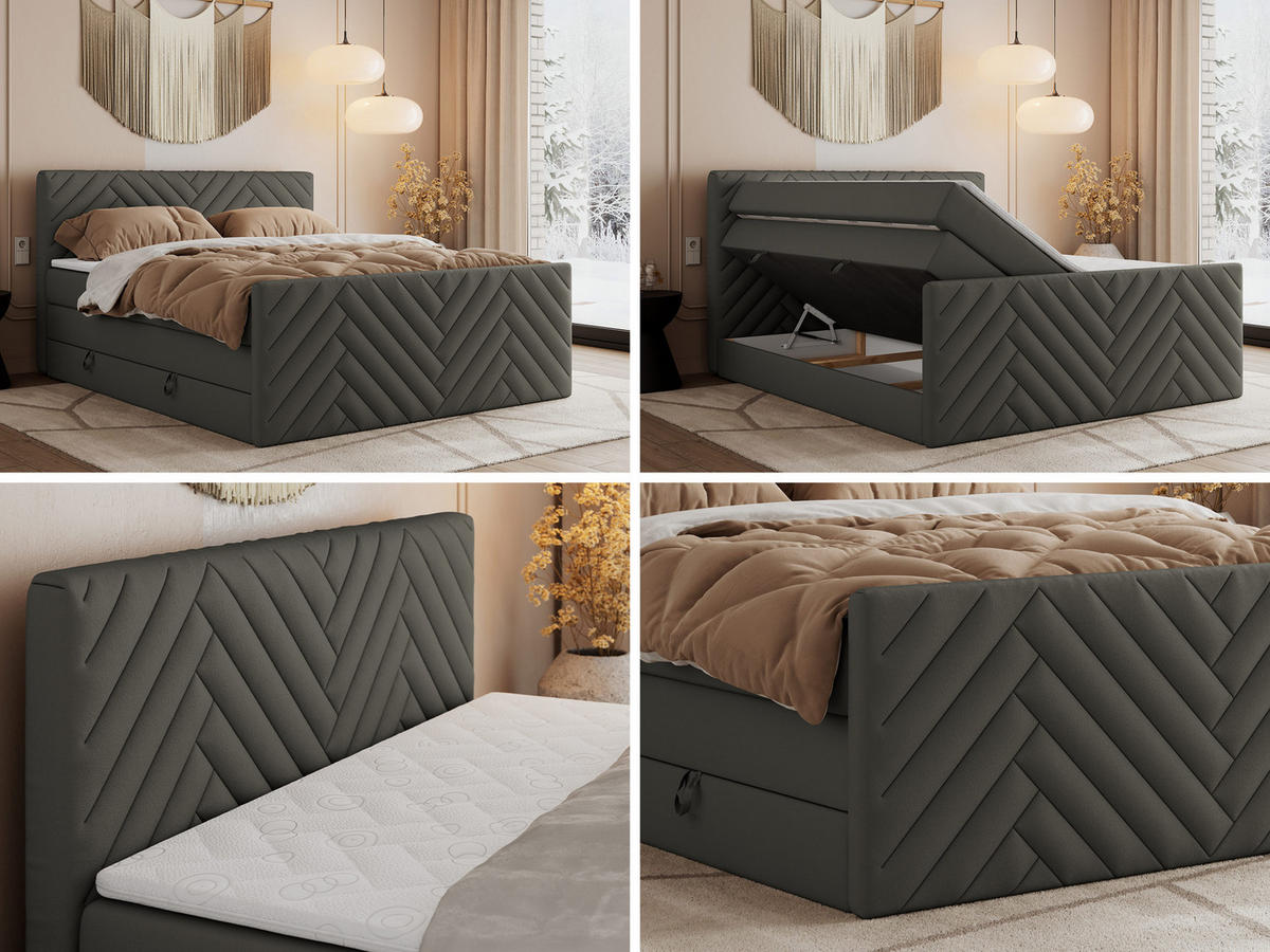 BOXSPRINGBETT PARIS KING DUO - 120/200 - Grau Kunstleder - H3 - Grau, Holz/Textil (120/200cm) - MKS