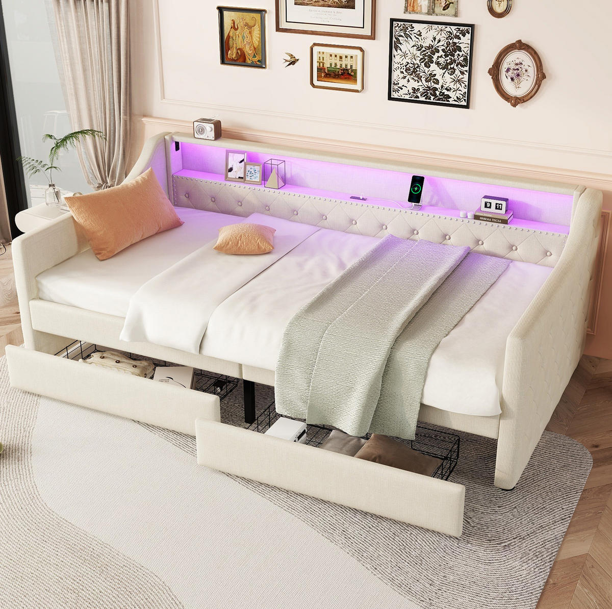 POLSTERBETT 90/200 cm Beige aus Leinen und MDF mit LED-Beleuchtung und 2 Schubladen - Beige, Textil (90/200cm) - OKMYHOME