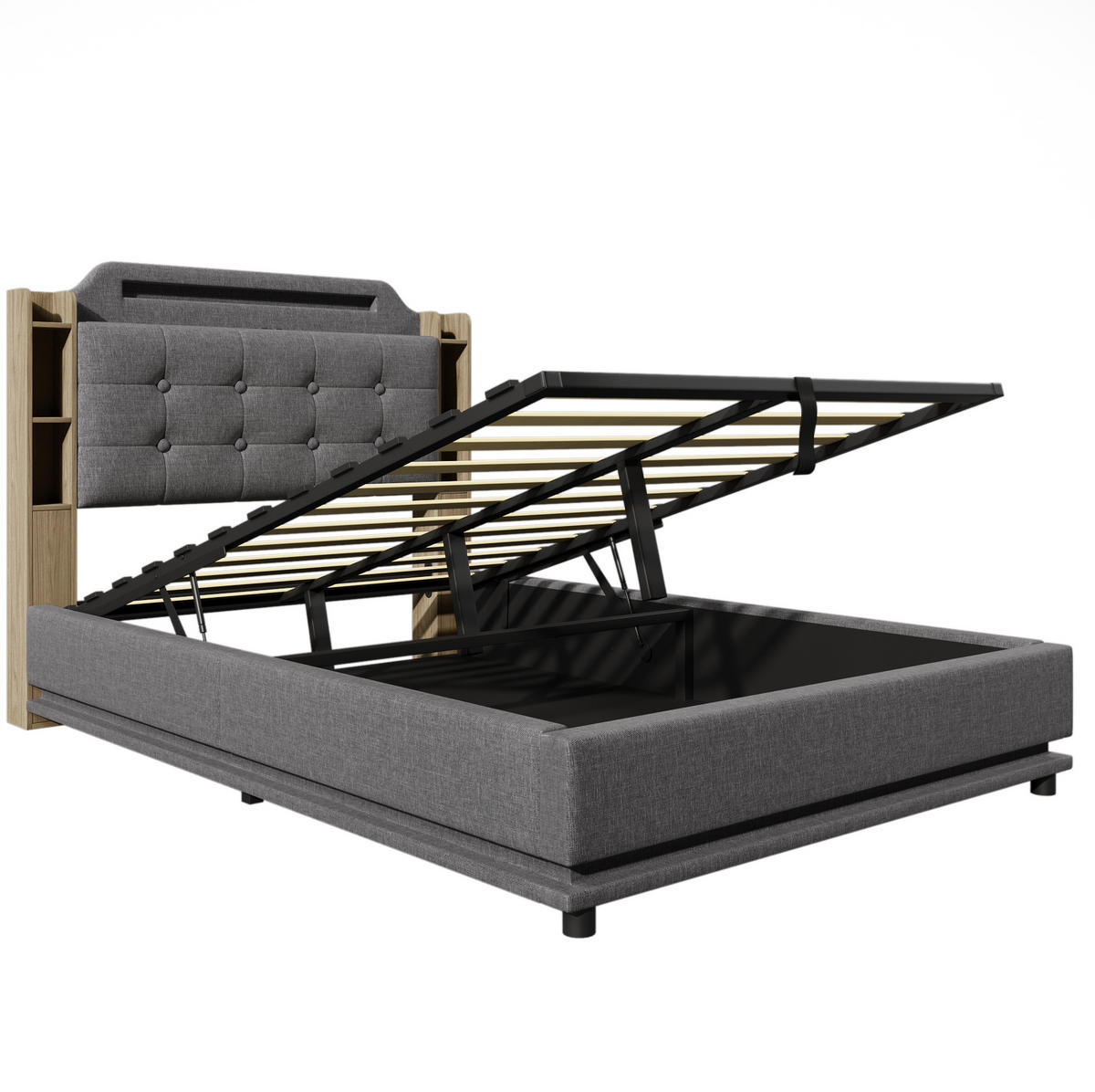 POLSTERBETT mit Bettkasten 140x200 cm Leinen Grau mit LED - Grau, Metall (140/200cm) - Meubliv