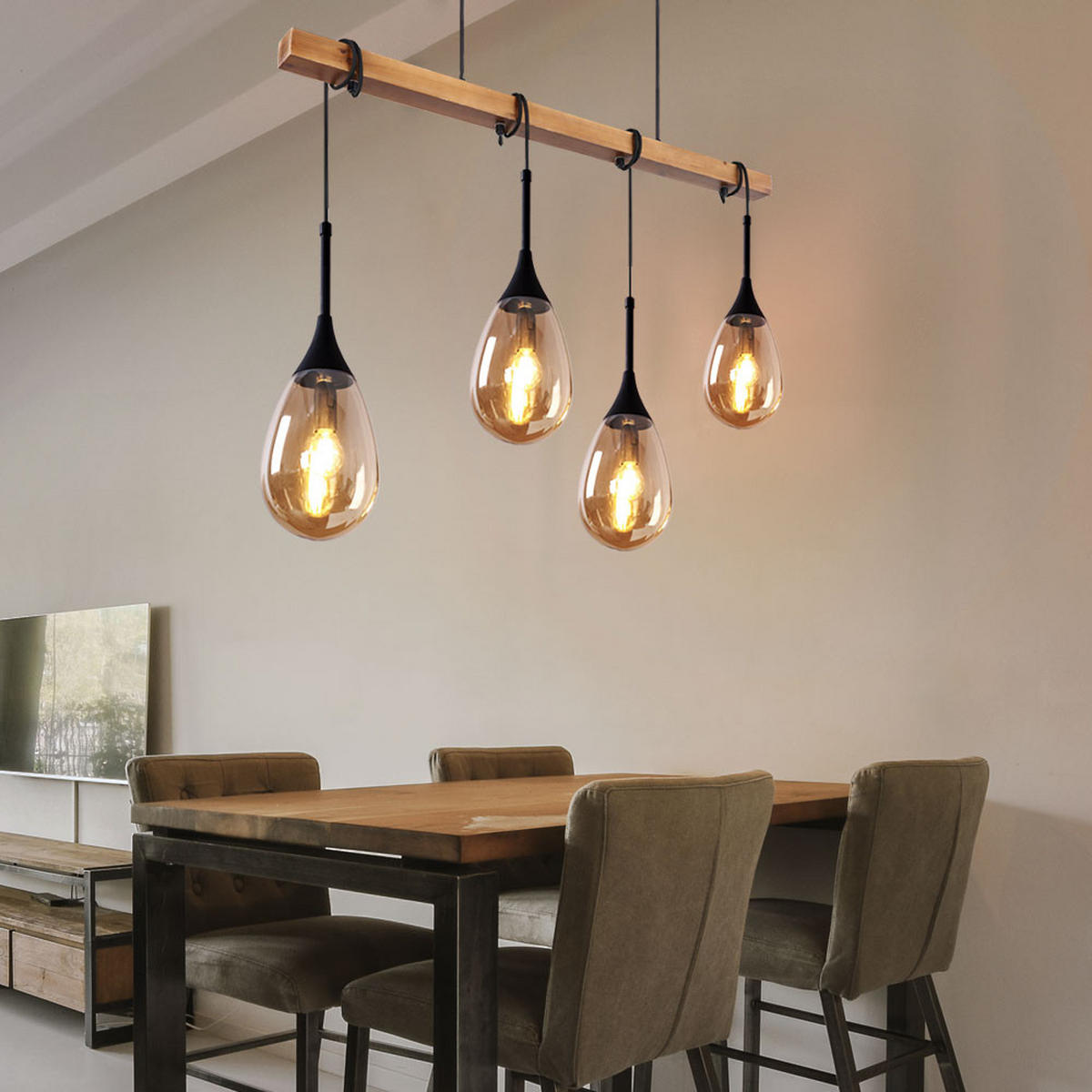 HÄNGELEUCHTE Holzoptik Schwarz 4-Flammig - Schwarz, Holz (92/12/120cm) - Globo Lighting