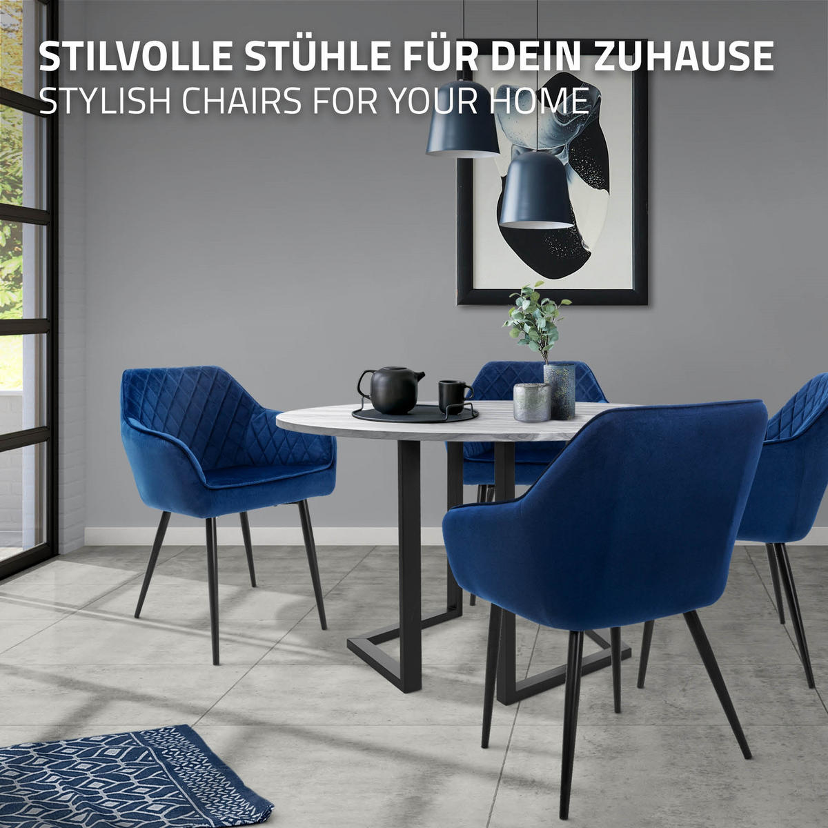 ESSZIMMERSTUHL 6er Set Dunkelblau Samt - Blau/Schwarz, Textil/Metall (63/80/60cm) - ML-DESIGN