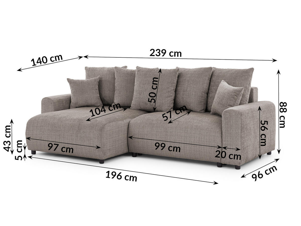 ECKSOFA Calma mit Schlaffunktion und Bettkasten im Bumpy-Design aus weichem Taupe Chenille-Stoff - Ottomane links - Taupe/Beige, Holz/Kunststoff (140/239cm) - S-Style Möbel