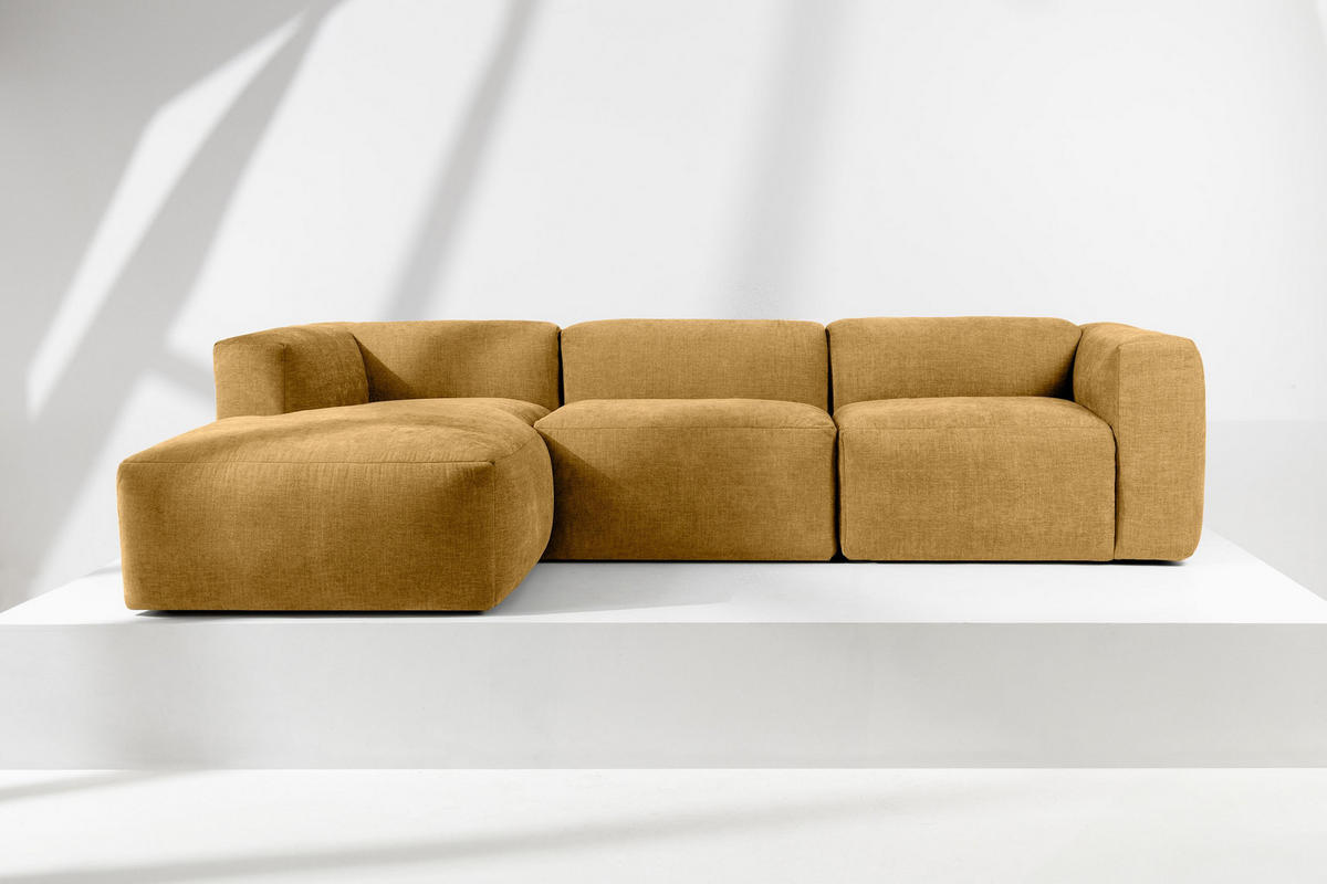 ECKMODULSOFA-LINKS BUFFO mit extrem weicher und bequemer Sitzfläche, Gewebestoff, Honig - Gelb, Textil (297/180cm) - KONSIMO®