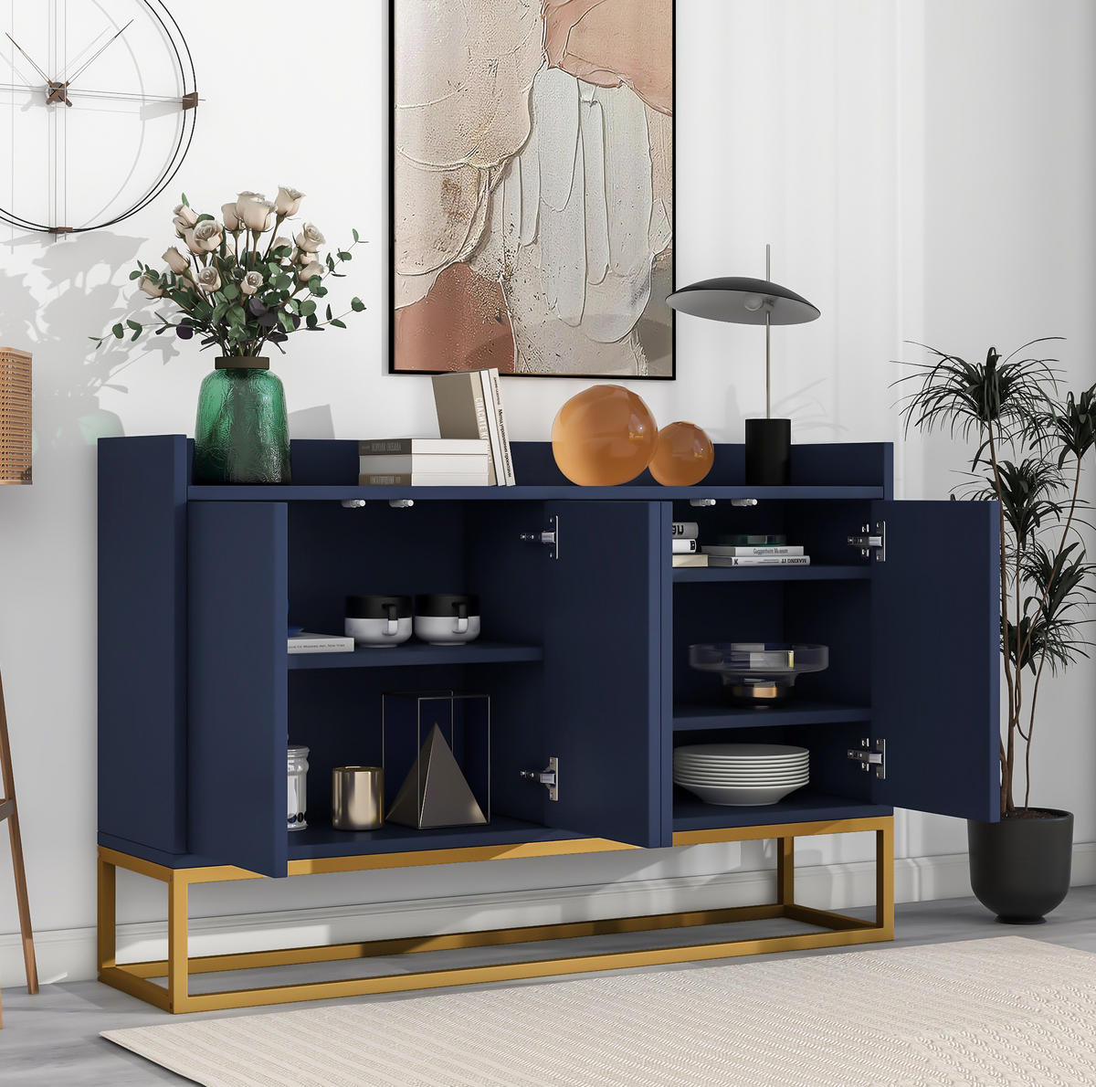 SIDEBOARD 4-türig 120 x 30 x 80 cm Navy mit verstellbaren Einlegeböden - Blau, Holzwerkstoff (120/80/30cm) - Meubliv