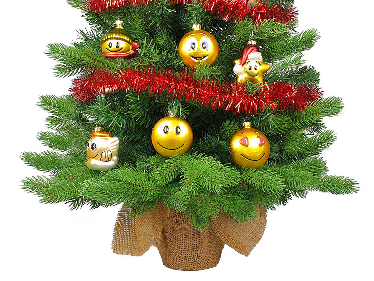 WEIHNACHTSBAUM künstlicher 60 cm mit LED-Beleuchtung, SMILEYS, mit 16 Weihnachtsbaumschmuck, Pflanztopf mit Jutesack - Gelb/Rot, Kunststoff/Stein (40/60cm) - LAALU