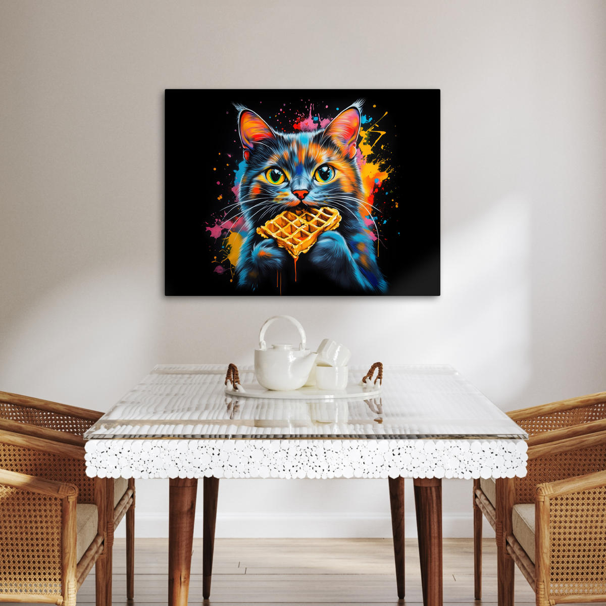 LEINWANDBILD Katze - Graffiti - Bunt - Waffel - Essen Wandbilder 80x60 cm - Türkis, Textil (80/60cm) - MuchoWow