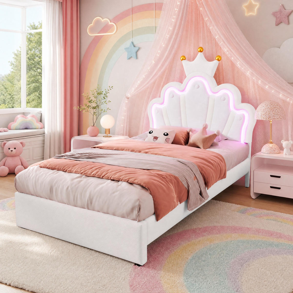 KINDERBETT 90/200 cm in Weiß mit 2 Schubladen, LED und verstellbarem Kopfteil aus PU - Weiß, Holzwerkstoff/Textil (90/200cm) - CHICFURN