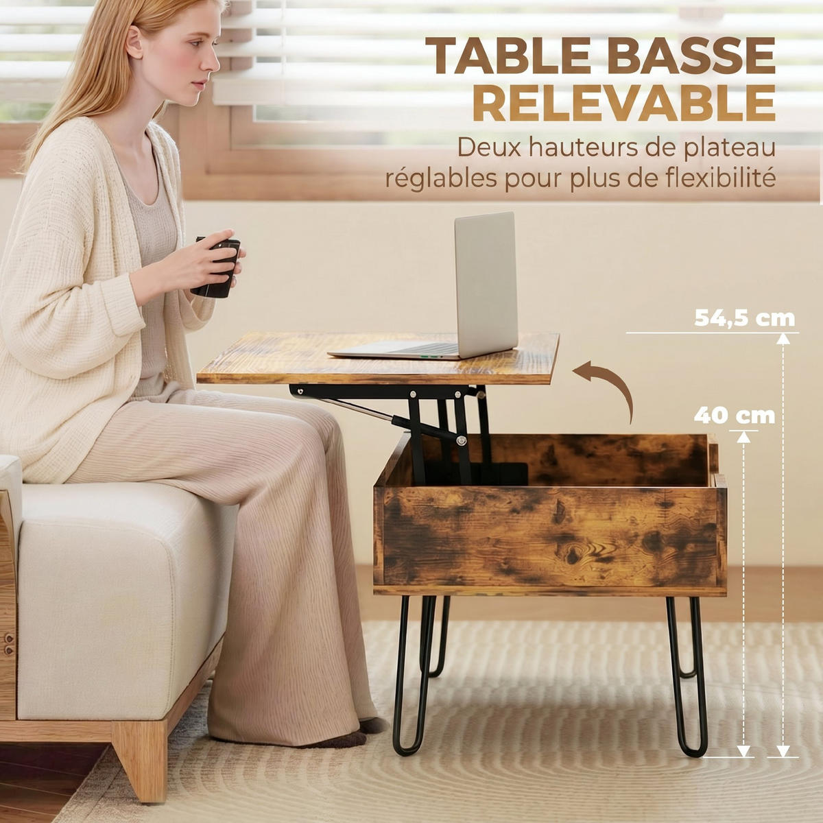 COUCHTISCH DE-15845 höhenverstellbare Platte Rustikales Braun - Braun, Holzwerkstoff (95/50/40cm) - ComfortXL
