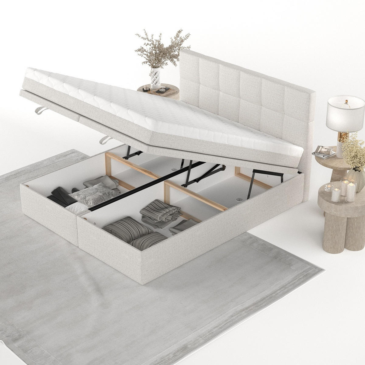 BOXBETT Elano 160/200 cm Hellbeige im Riva Stoff - Sandfarben/Schwarz, Holz/Holzwerkstoff (160/200cm) - AltaBeds