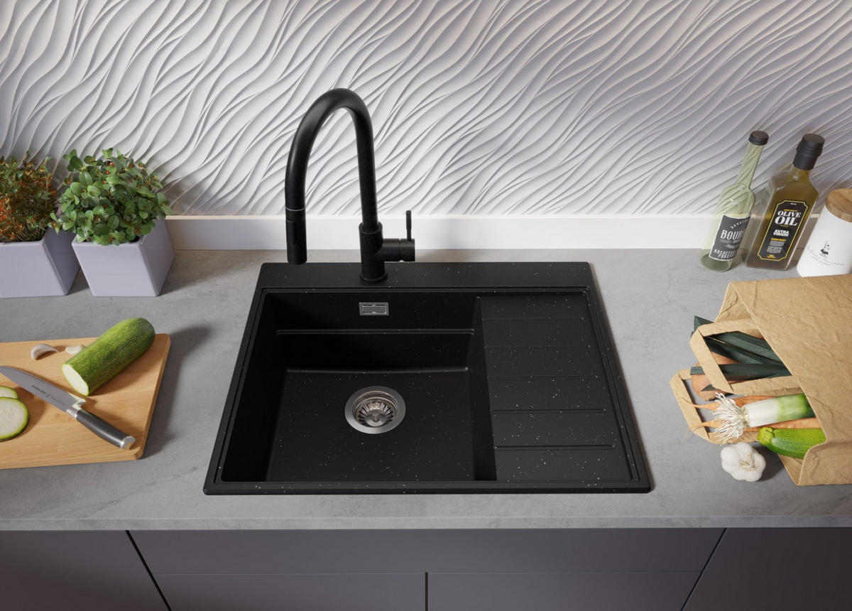 SPÜLBECKEN Sydney, 2-er set Schwarz Metallic 62/50 cm 1 Becken + Ablauf-Set + Küchenzubehörset ab 45er Unterschrank - Chromfarben/Schwarz Hochglanz, Kunststoff (62/20/50cm) - Primagran