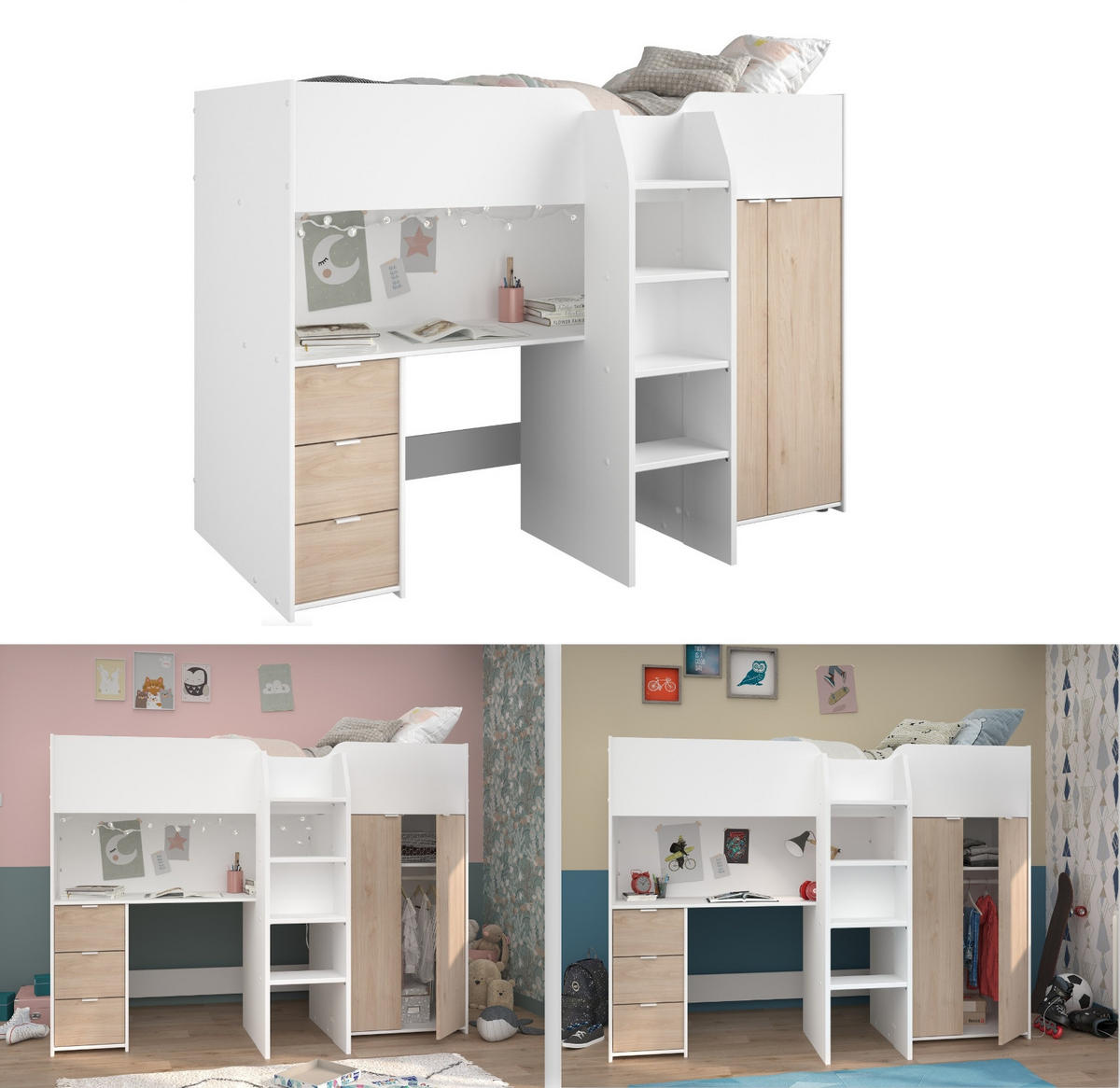 HOCHBETT mit Kleiderschrank und Schreibtisch Bett 90 x 200 cm - Eichefarben/Silberfarben, Holz/Holzwerkstoff (90/200cm) - Parisot Meuble