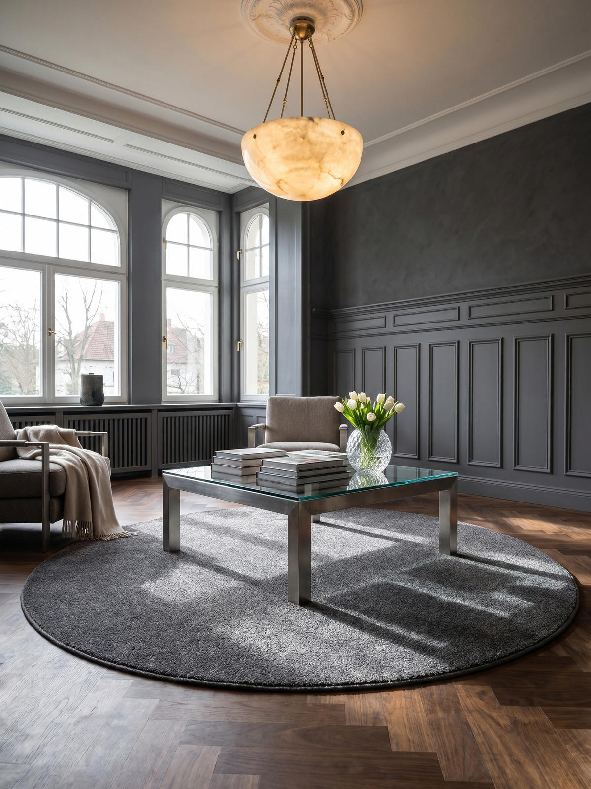 TEPPICH Schlafzimmer Unifarben Elegant Waschbar Esszimmer Rund Hellgrau 120x120 cm – MAIN - Grau, Textil (120/120cm) - KADIMA DESIGN