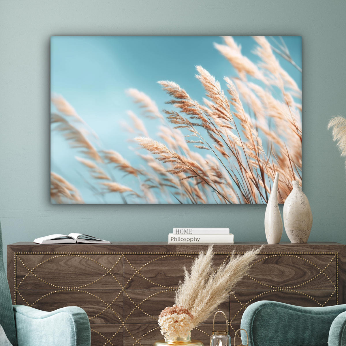 LEINWANDBILD Ziergras - Wind - Hellbraun XXL 150x100 cm - Hellblau, Textil (150/100cm) - MuchoWow