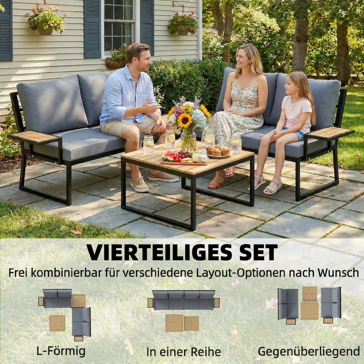 TERASSENMÖBELSET 4-teilig aus Kunststoff Holz Verbundstoff Teak - Schwarz/Grau, Textil/Metall - Outsunny