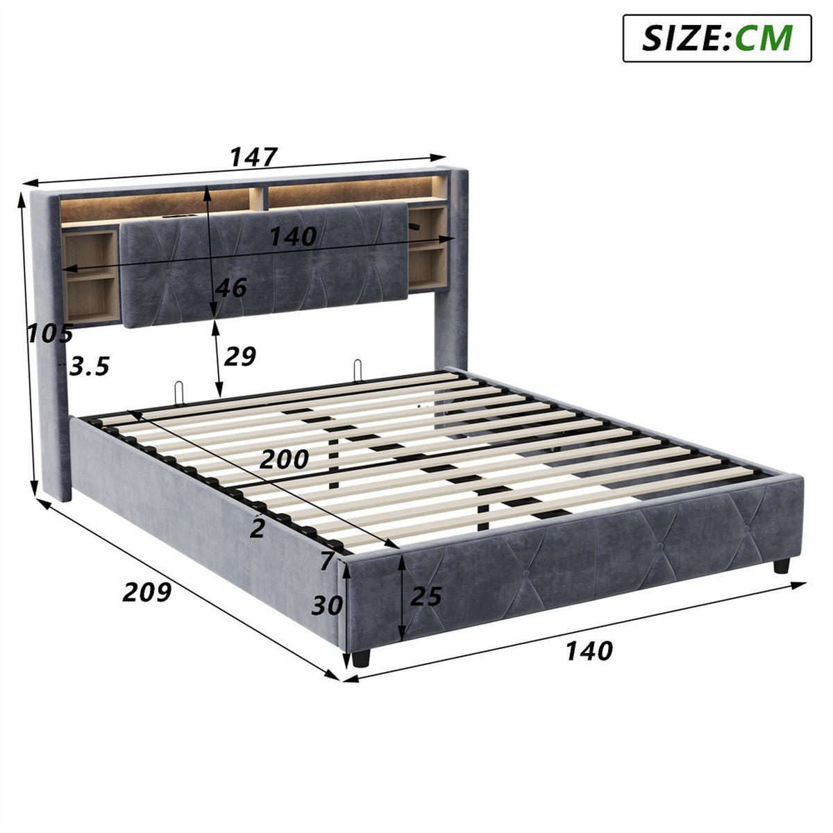 POLSTERBETT 140x200 cm mit LED-Beleuchtung - aufklappbarem Kopfteil & hydraulischem Bettkasten - Integrierte Ladestation - Grau, Textil (140/200cm) - DELFA
