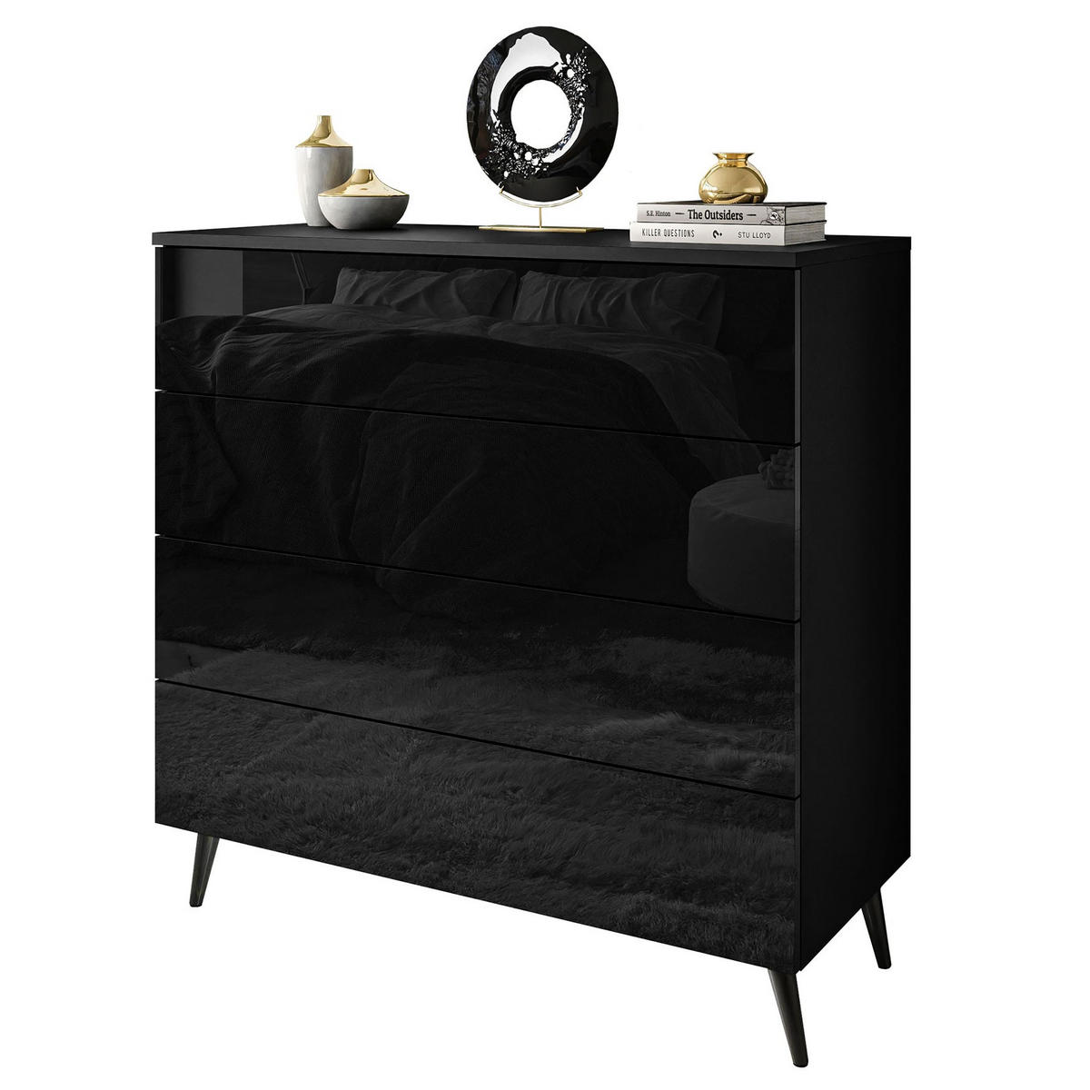 KOMMODE AURA PUSH OPEN mit Schubladen Beinfarbe – Schwarz - Schwarz Hochglanz/Schwarz, Holzwerkstoff (95/90/40cm) - Lookway