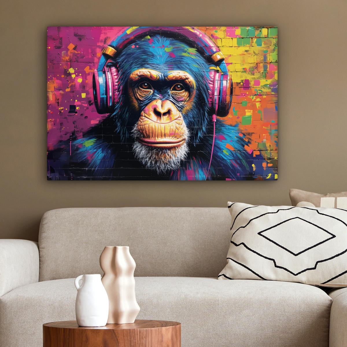 LEINWANDBILD Graffiti - Schimpanse - Straßenkunst - Kopfhörer - Affe XXL 150x100 cm - Blau, Textil (150/100cm) - MuchoWow