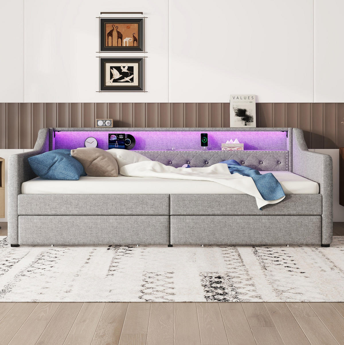 TAGESBETT 90/200 cm mit LED-Beleuchtung, USB-Anschluss, 2 Schubladen und Lattenrost, Grau - Grau, Textil (90/200cm) - Redom