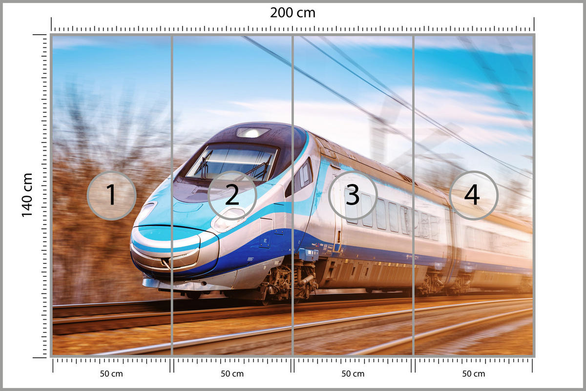 FOTOTAPETE für Wohnzimmer Moderner Zug Eisenbahnschienen 200x140 - Blau/Schwarz, Papier (200/140cm) - Muralo