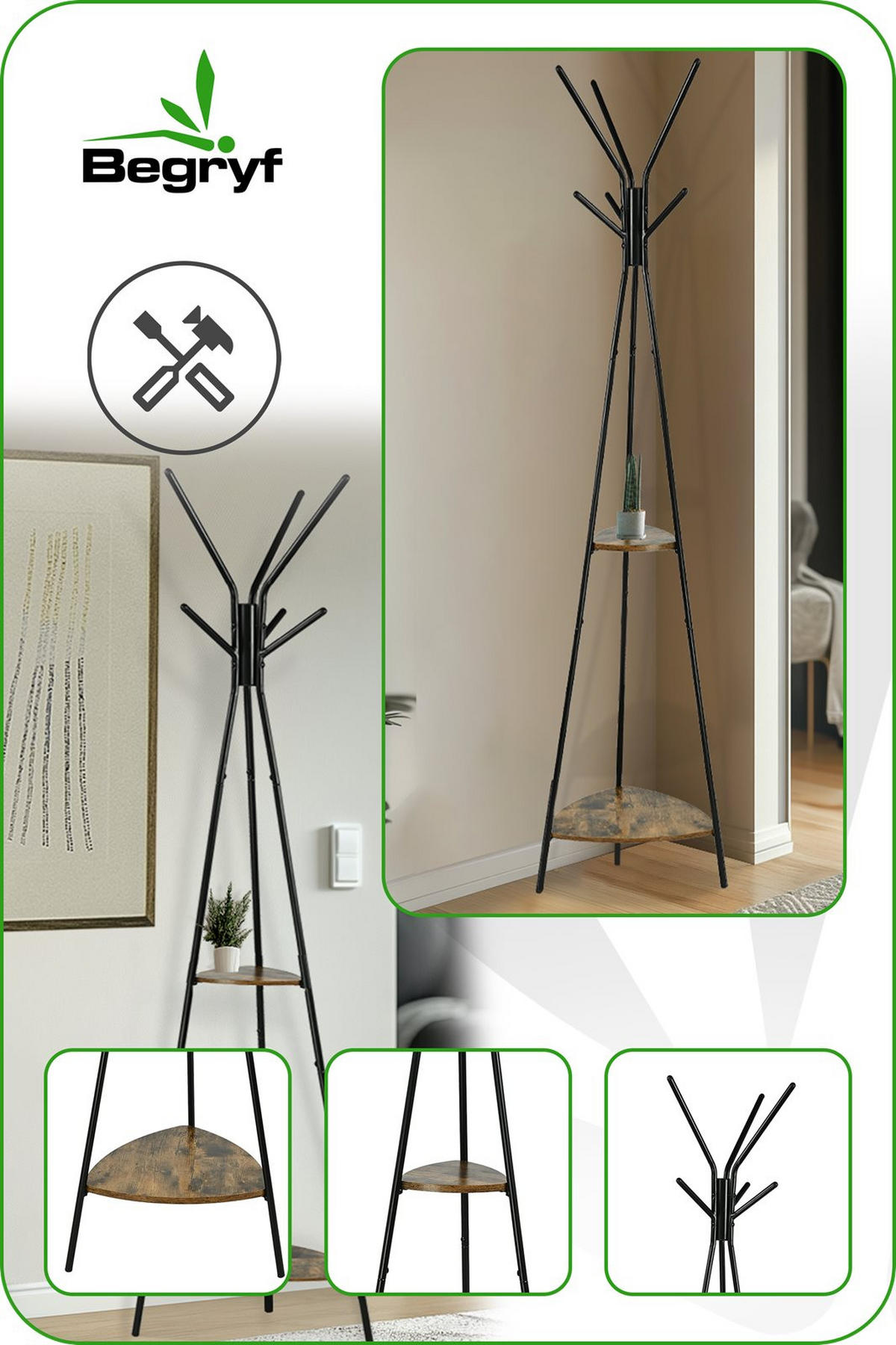 KLEIDERSTÄNDER Holzwerkstoff Metall Dunkelbraun Schwarz mit 2 Ablagen 179×49,5 cm - Dunkelbraun/Schwarz, Holzwerkstoff/Metall (49/179/49cm) - Begryf